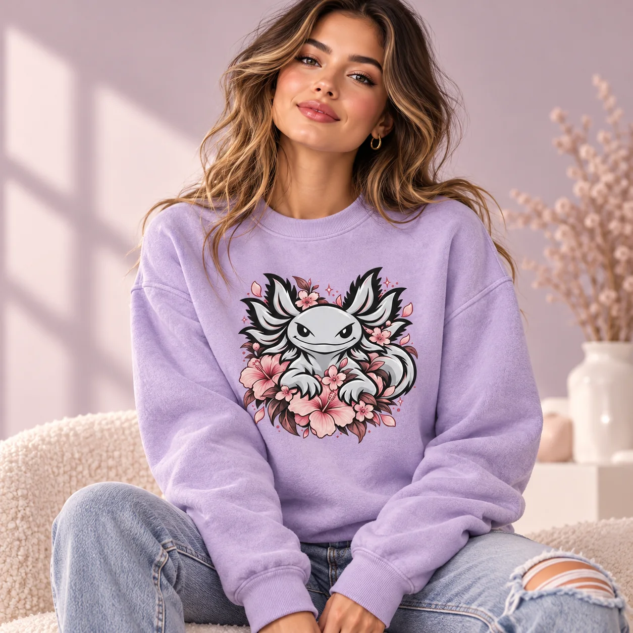 Woman wearing a lavender LOTLZ sweatshirt with an axolotl and pink floral artwork.