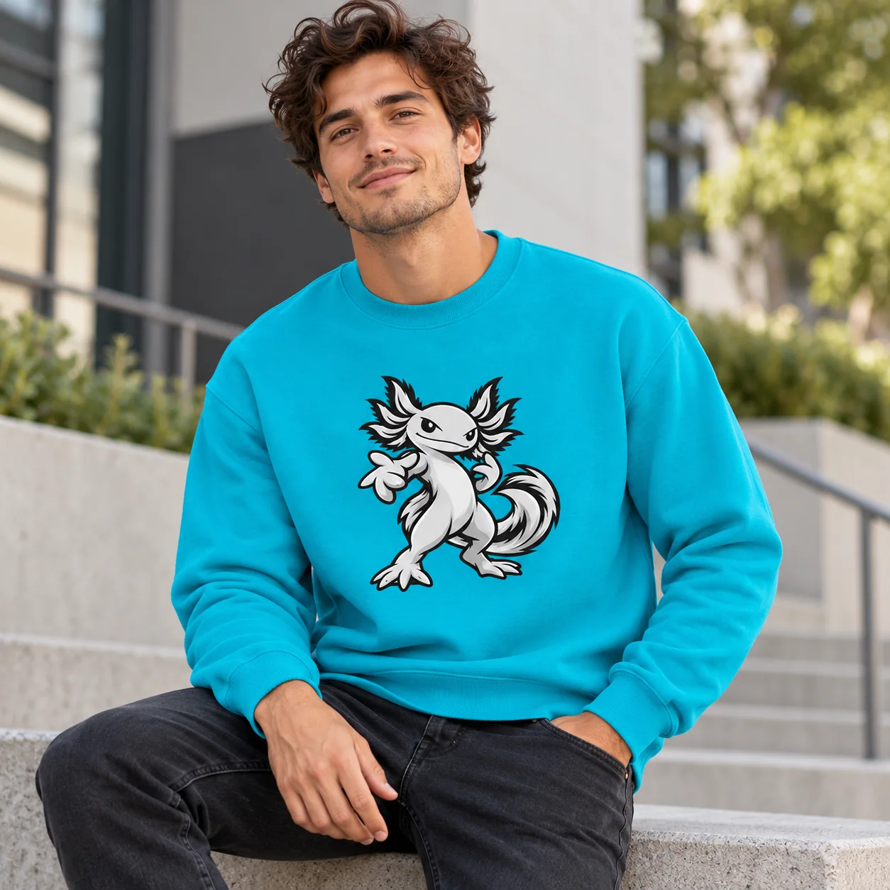 Man wearing a turquoise sweatshirt with the LOTLZ axolotl character.