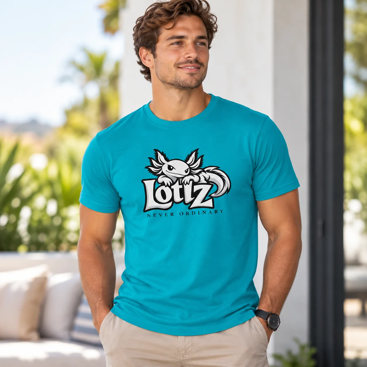 Man in a turquoise LOTLZ signature tee with the Never Ordinary slogan.
