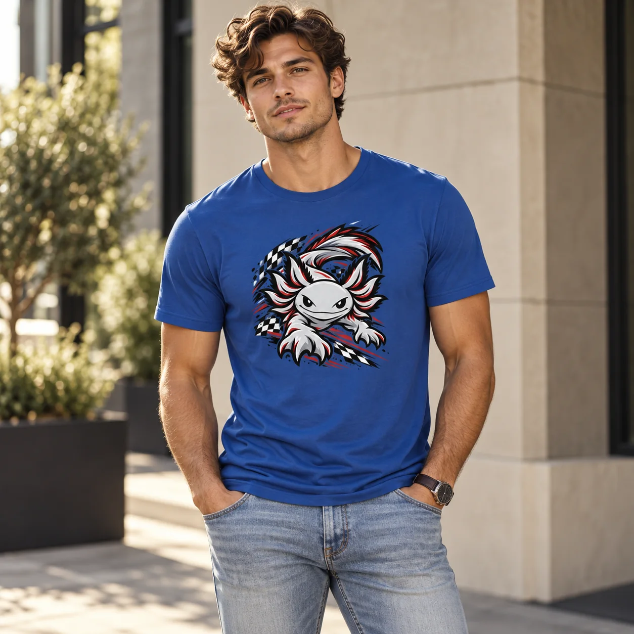 Man in a blue LOTLZ tee with a racing inspired axolotl graphic.